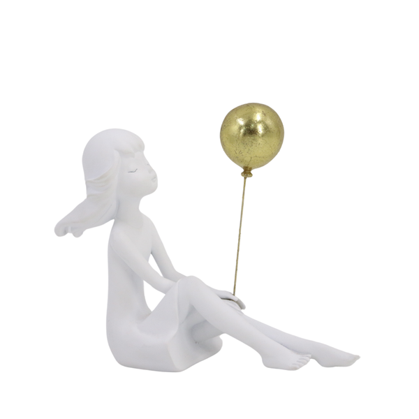 Escultura Branca Menina Sentada com 1 Balão Dourado Resina - 63990